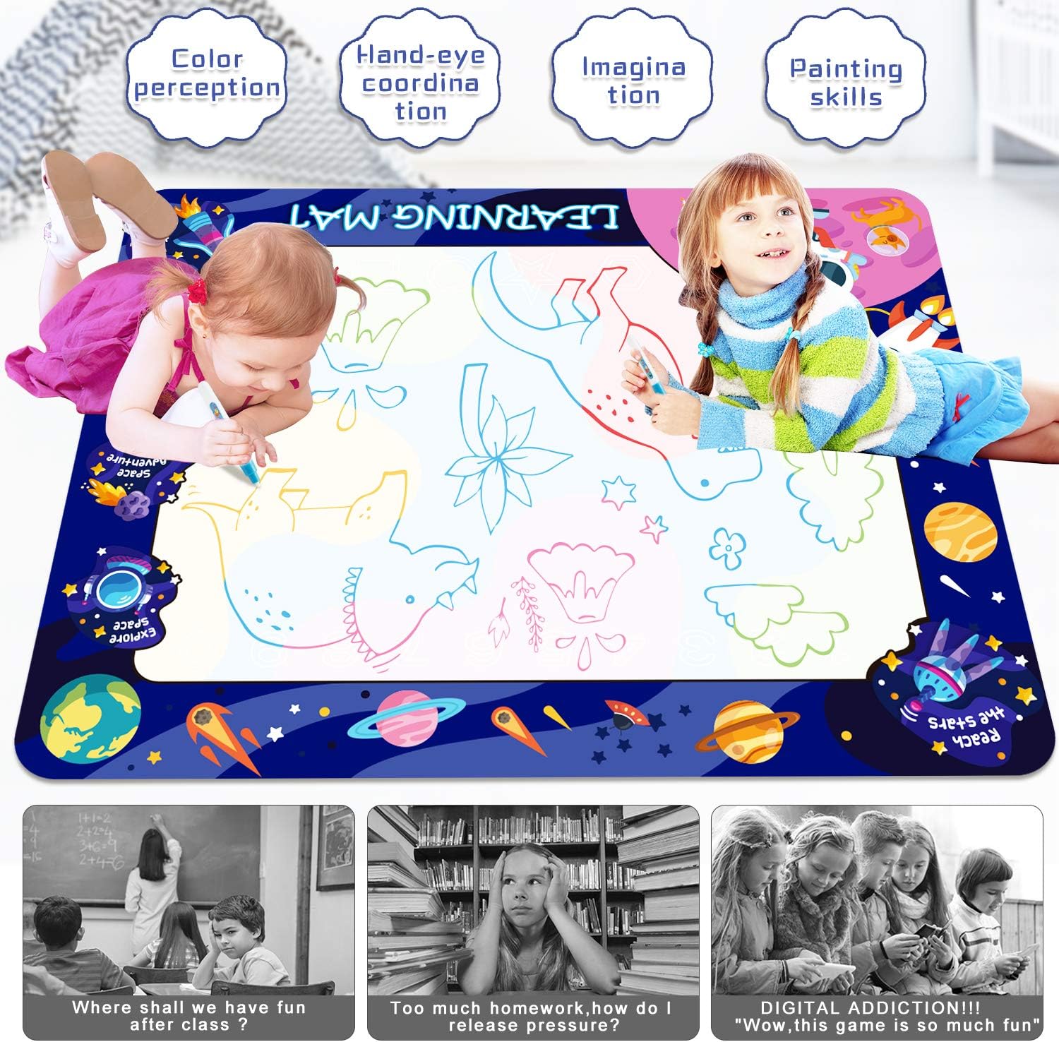 HISTOYE Aqua Magic Water Doodle Mat for Kids Large 40 X 32 Inch Water Drawing Mat for Toddlers Painting Coloring Mat Pad with Pens Learning Educational Toys for 3 4 5 6 7 8+ Year Old Boys Girls Gifts: Office Products