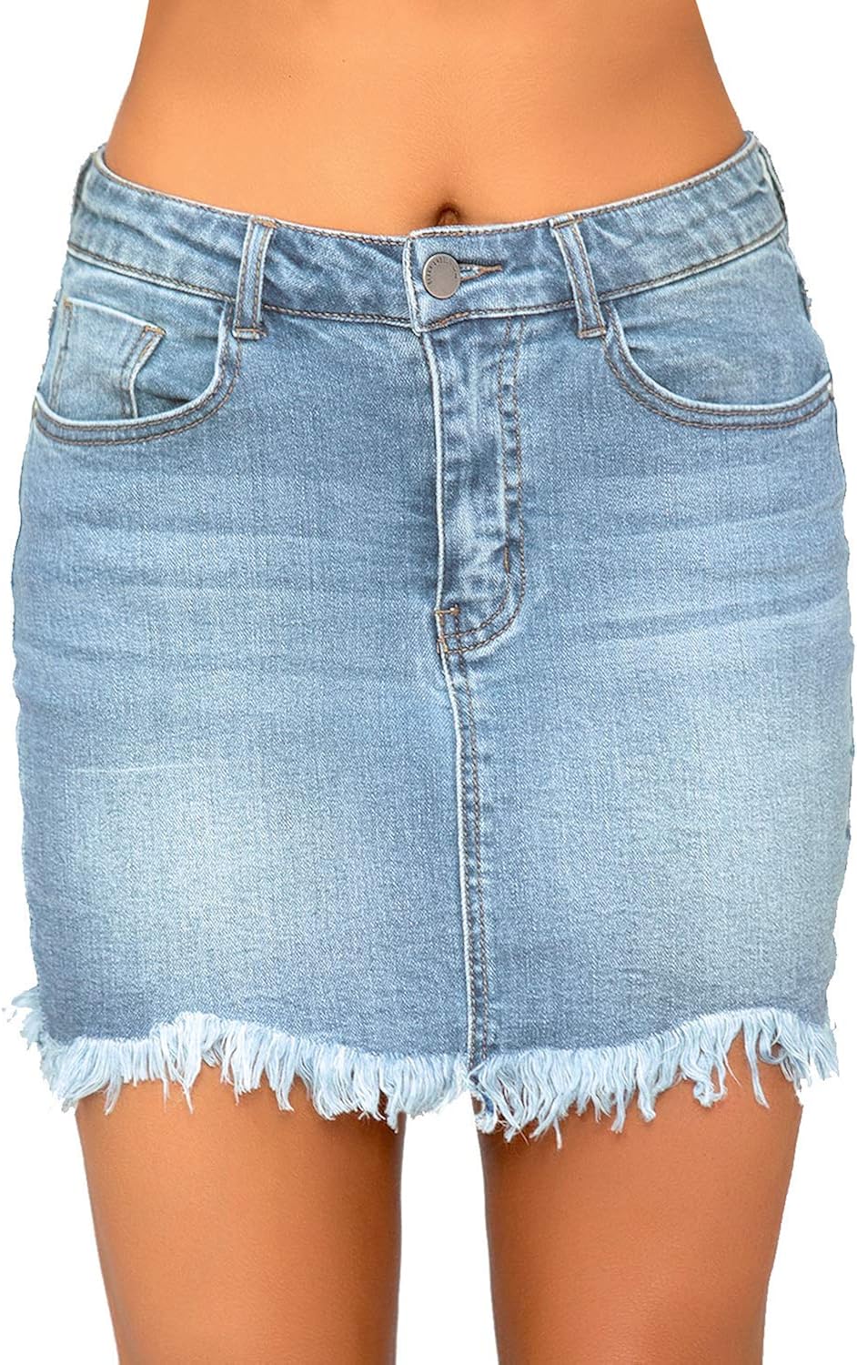 luvamia Women's Casual Mid Waisted Washed Frayed Pockets Denim Jean Short Skirt: Clothing