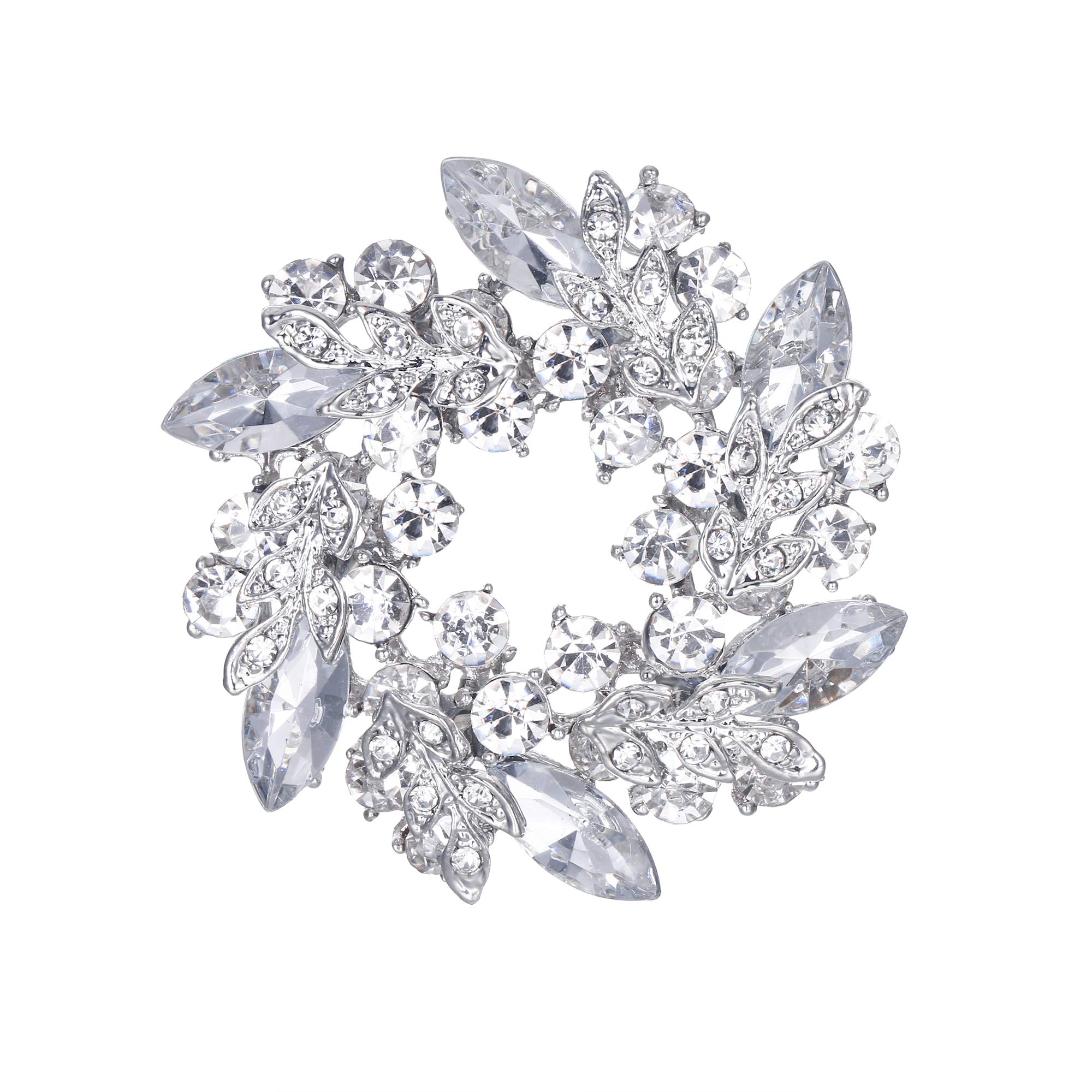 EVER FAITH Austrian Crystal Wedding Bridal Leaf Flower Wreath Brooch Pin Clear Silver-Tone