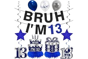 Kuxriox 11Pcs 13th Birthday Decorations for Boys Men, Blue Sliver Happy 13th Birthday Banner, Bruh I'm 13 Balloons Centerpieces Swirls Party Supplies, Thirteen Bday Banner Ceiling Table Topper Sign