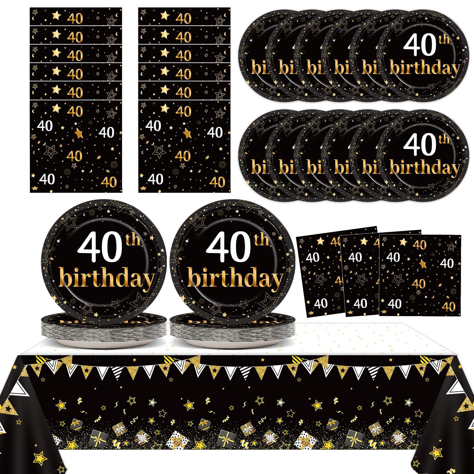 Photo 1 of 40th Birthday Party Supplies Serves 24 Black and Gold 40 Years Old Birthday Party Decorations Paper Plates Napkins Cheers to 40 Years Tablecloth Set Vintage 1984 Tableware Kit Favors for Men or Women
