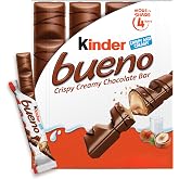 Kinder Bueno Milk Chocolate Bars, Crispy Wafer Hazelnut Cream, 4 Ct | Sweet treat for adults, milk chocolate candy bars with crispy wafer and hazelnut cream, individually wrapped candy bars