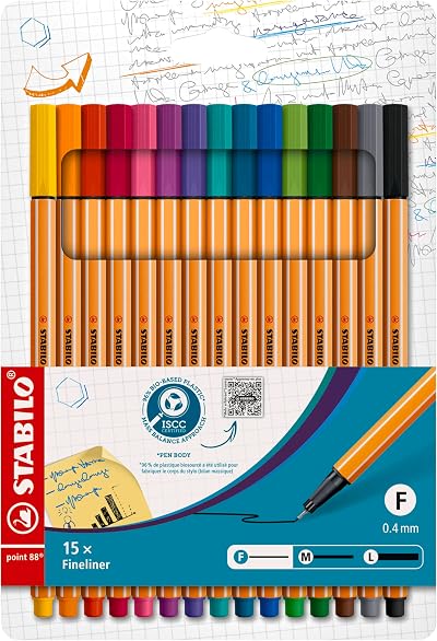 Stabilo point 88 Fineliner Pack of 15 Assorted Colours 0.4mm Hexagonal