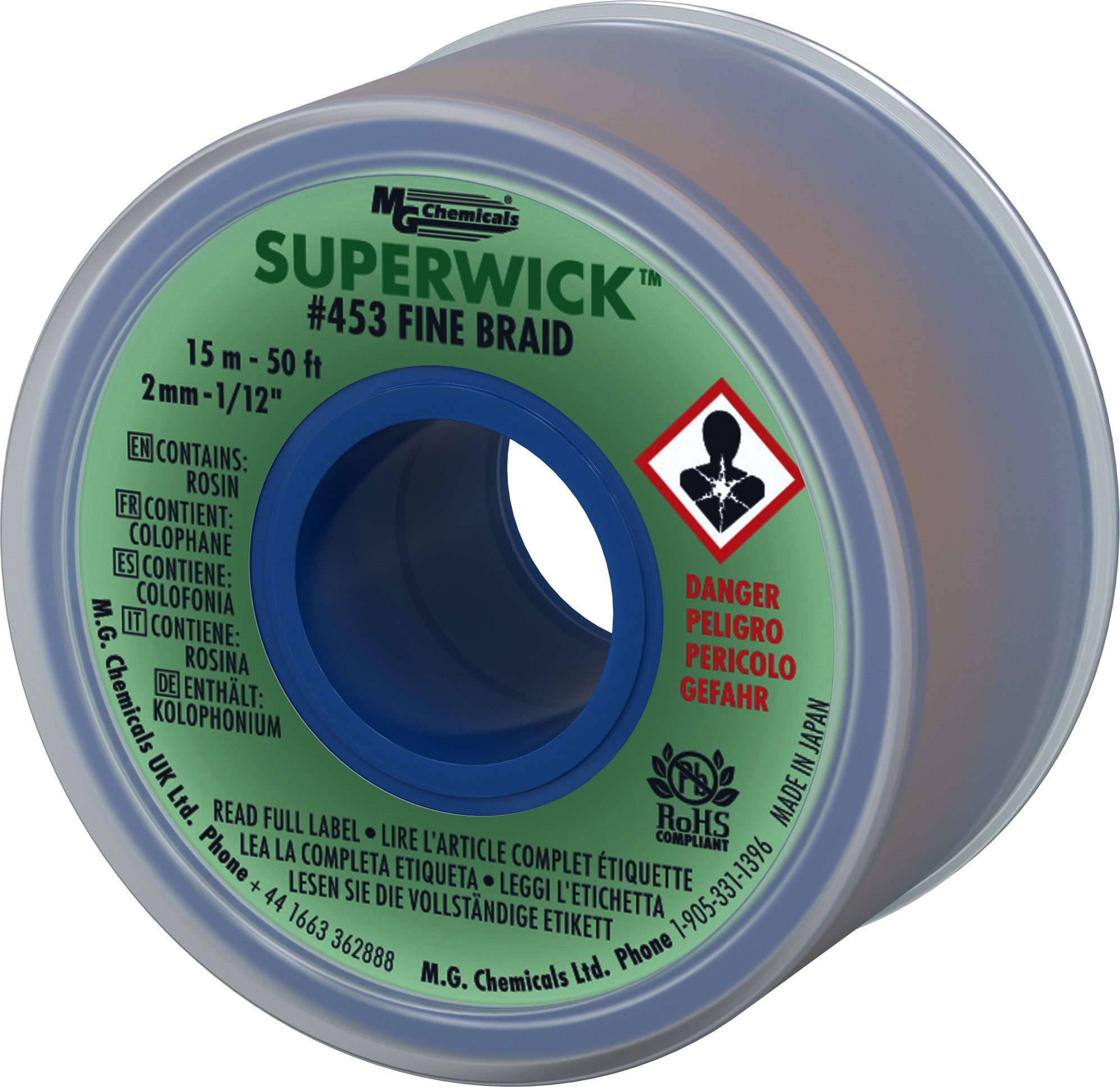 Desoldering Braid #3 Fine Braid Super Wick with RMA Flux, 50' Length x 0.075" Width, Green