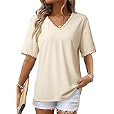 Dokotoo Womens Summer Tops Casual Short Sleeve Lace T-Shirts Solid V Neck Waffle Knit Shirts Blouses