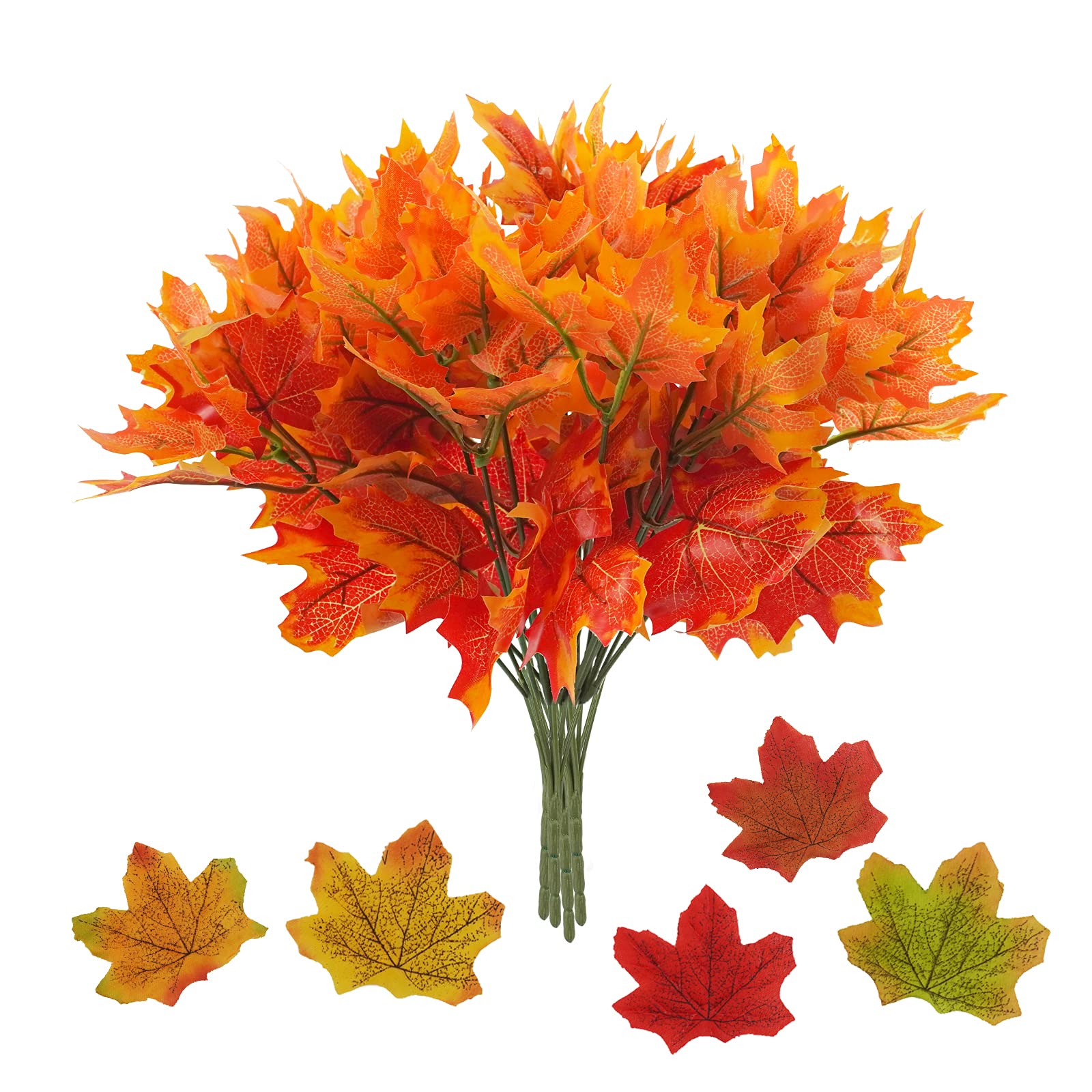 Photo 1 of Uieke Artificial Maple Leaves Branch 4 Pcs 7 Forks Faux Fall Plants Stem with 100 Pcs Maple Décor Outdoor UV Resistant Greenery Shrubs Plants for Home Festival Autumn Thanksgiving Centerpieces Decor