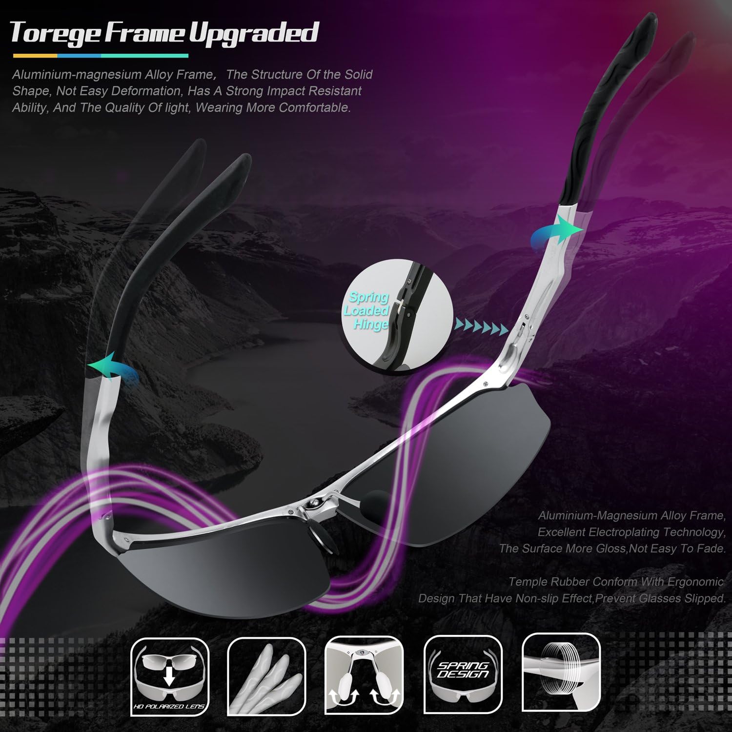 TOREGE Men's Sports Style Polarized Sunglasses Al-Mg Metal Frame Glasses M292 (Silver&Grey Lens) : Clothing