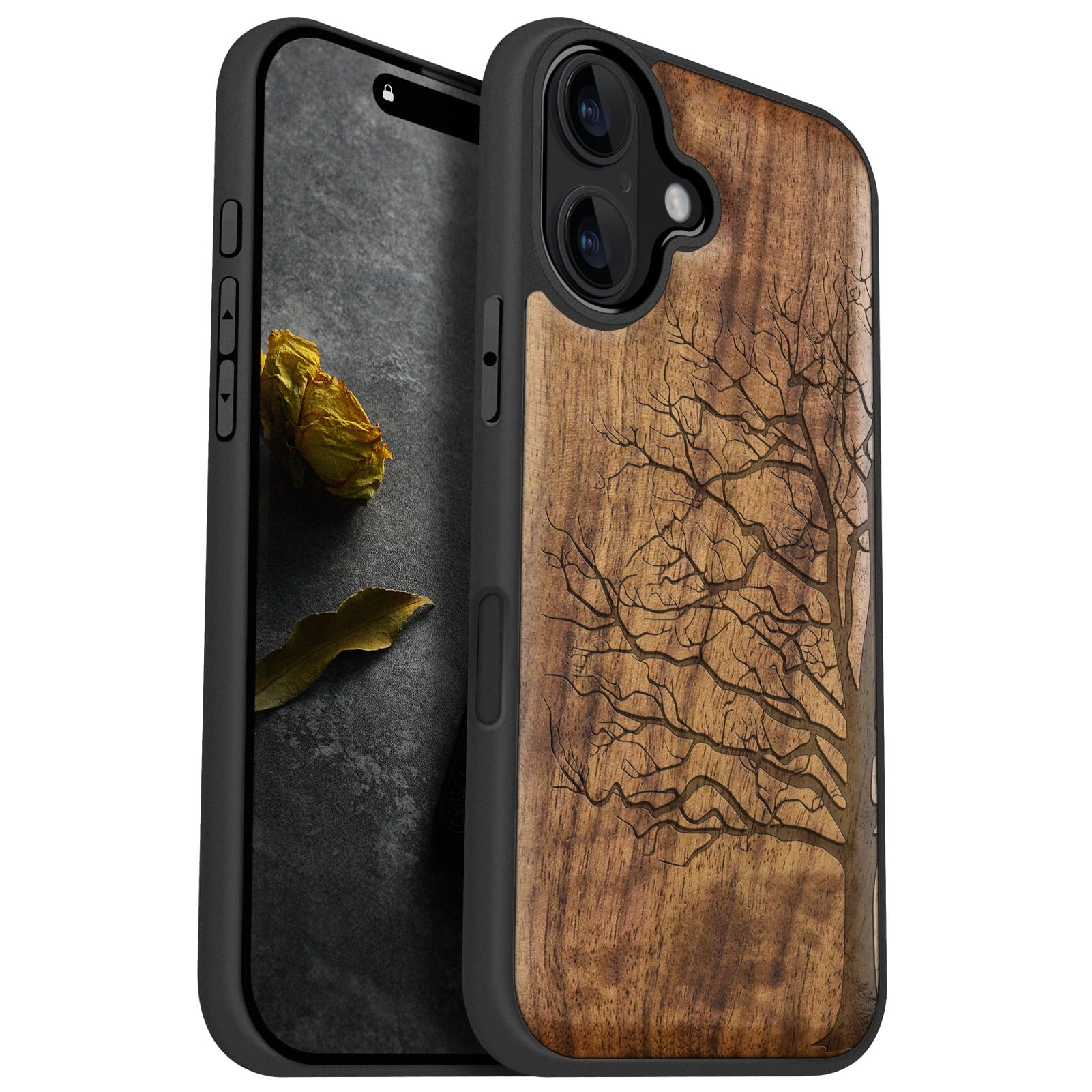 Carveit Magnetic Wood Case for iPhone 16 [Solid Wood & Black Soft TPU] Shockproof Protective Cover Compatible With MagSafe (Eternal Tree -Walnut)