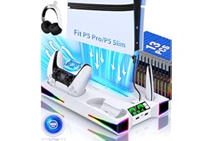 Kawaye PS5 Stand PS5 Cooling Station for Playstation 5/Pro/Slim Console, PS5 Accessories Vertical Stand with 2.36in Large P5 Fan Cooling Fan, RGB Light, Dual Controller Charger, Headset Holder, 3 Charger Port
