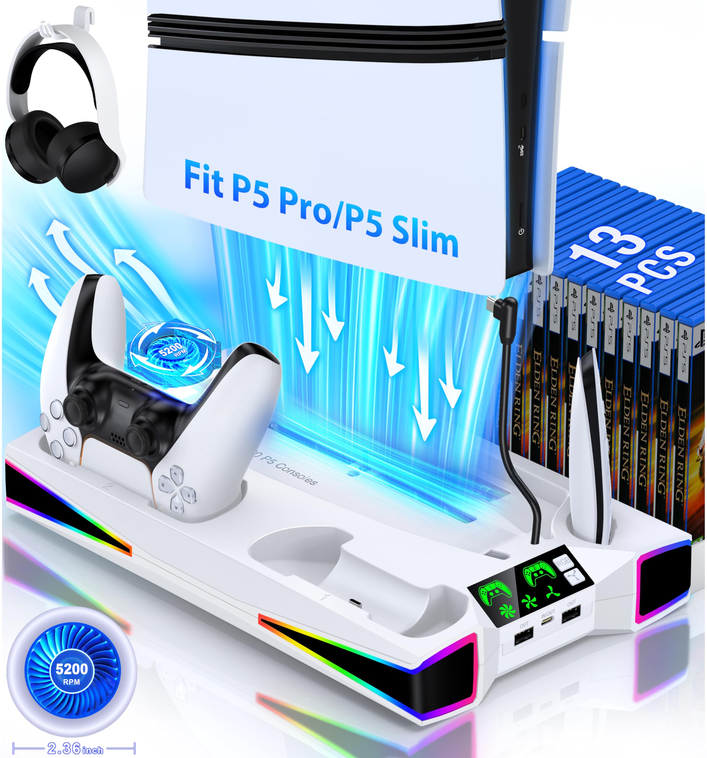 Kawaye PS5 Stand PS5 Cooling Station for Playstation 5/Pro/Slim Console, PS5 Accessories Vertical Stand with 2.36in Large P5 Fan Cooling Fan, RGB Light, Dual Controller Charger, Headset Holder, 3 Charger Port