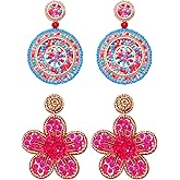 Beaded Drop Earrings Statement Colorful Beaded Flower Earrings Handmade Bohemia Tropical Beadwork Dangle Earrings For Woman