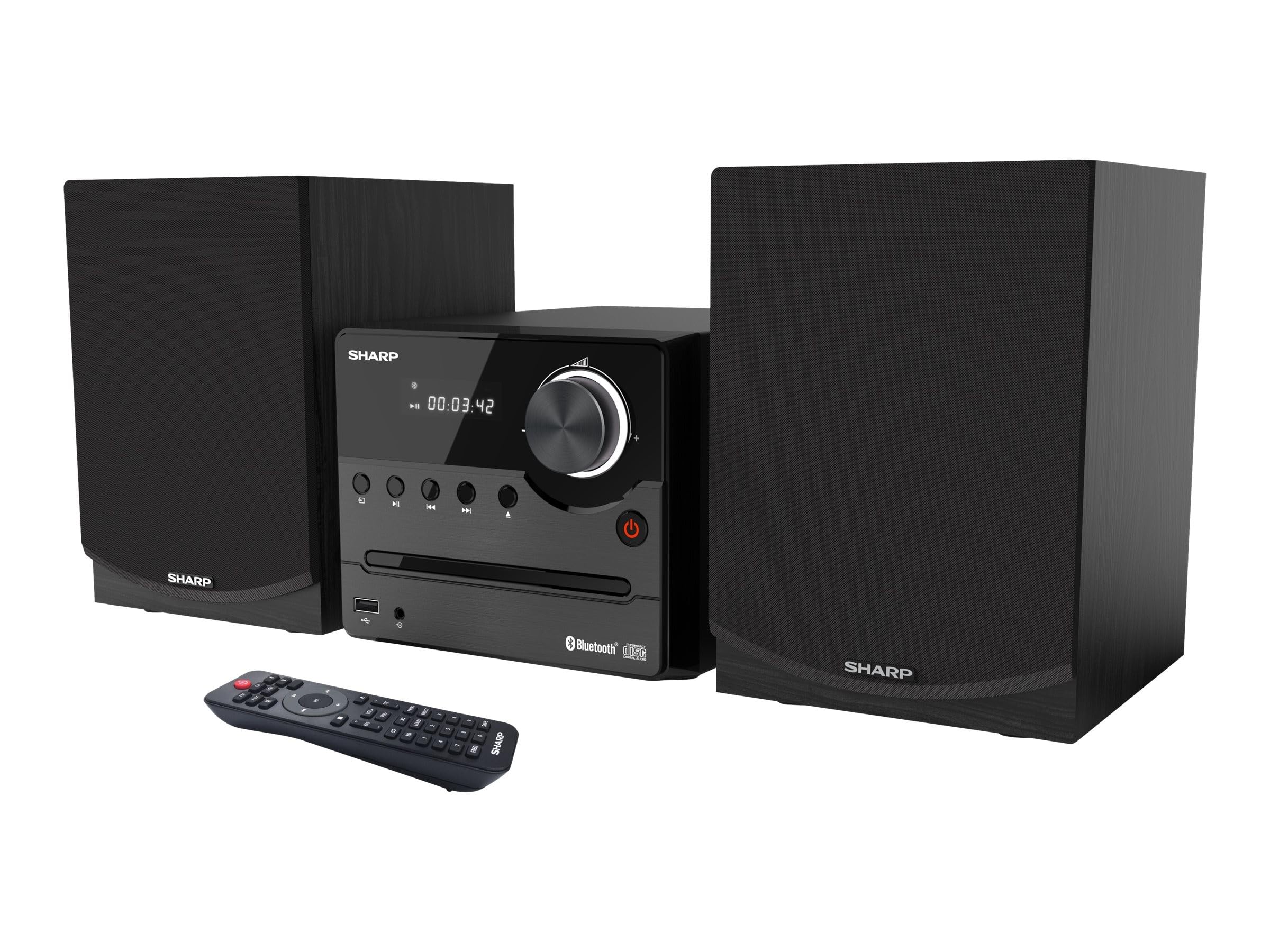 SHARP XL-B512 (BK) Micro Hi-Fi Sound System Stereo Radio, FM Auto Tuner/Scan, Bluetooth, CD-MP3, USB Playback, Wooden 2.0 Channel Speakers, Included Remote Control, 45W – Black