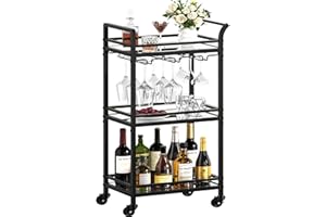 HOMEDAWN Black Small Bar Cart with 3-Tier Mirrored Shelf, Glass Holders for Kitchen, Dining Room, Living Room - Drink Cart on Wheels with Wine Glass Rack
