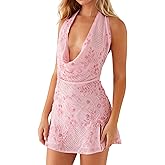 JEIBKOUY Women's Sparkly Sequin Mini Dress Sexy Cowl Neck Sleeveless Split Side Tie Backless Bodycon Party Club Short Dress