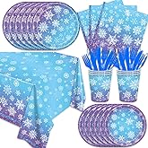 141Pcs Frozen Snowflake Birthday Party Decorations Winter Snow Themed Christmas Party Supplies with Plates Napkins Cups Knives Forks Straw Tablecloth Set for 20 Guests