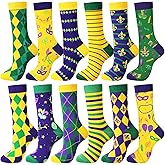 Cuffbow 12 Pairs Mardi Gras Socks Unisex Patterned Novelty Socks for Men Shoe Size 7-12, Women Shoe Size 8-13(Mardi Gras)