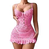 Foxiny Sexy Mini Bows Ruffle Cutout Floral Lace Sheer Babydoll Lingerie Dress with Thong 2 Piece