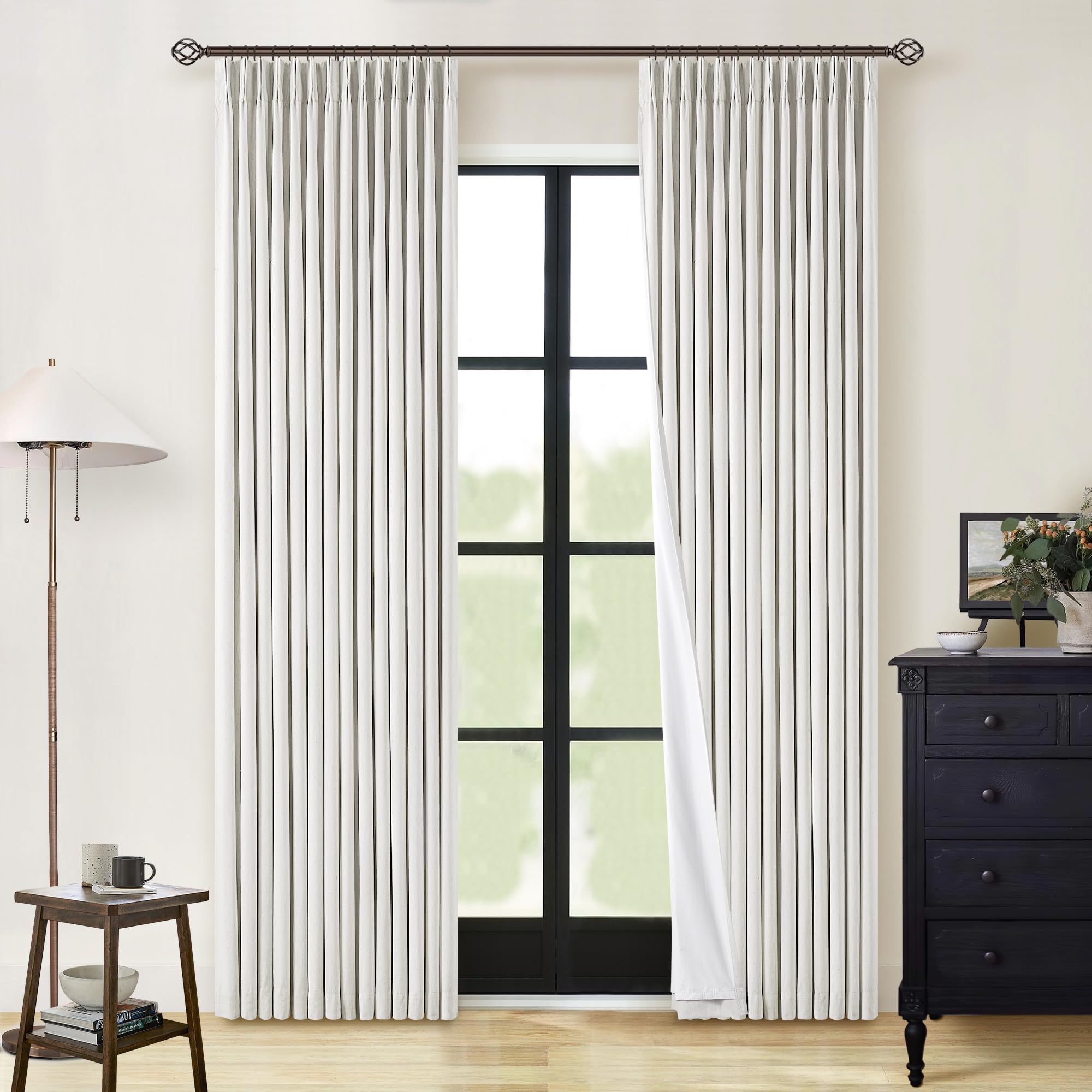 Photo 1 of 100% Blackout Pinch Pleated Linen Curtains 84 Inch Length 2 Panels for Living Room Bedroom 2 Layer Beige Off White Light Blocking Thermal Insulated Pinch Pleat Room Darkening Curtains 84 Inches Long