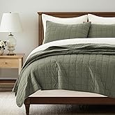 EVERGRACEHOME 100% Cotton Box Stitch Quilt Bedding Set King Size 3 Pieces, Garment-Washed Lightweight Soft Cozy Coverlet, Oversized Quilted Bedspread Sets with 2 Shams for All Season, Olive Green