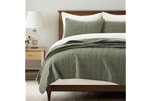 EVERGRACEHOME 100% Cotton Box Stitch Quilt Bedding Set King Size 3 Pieces, Garment-Washed Lightweight Soft Cozy Coverlet, Oversized Quilted Bedspread Sets with 2 Shams for All Season, Olive Green