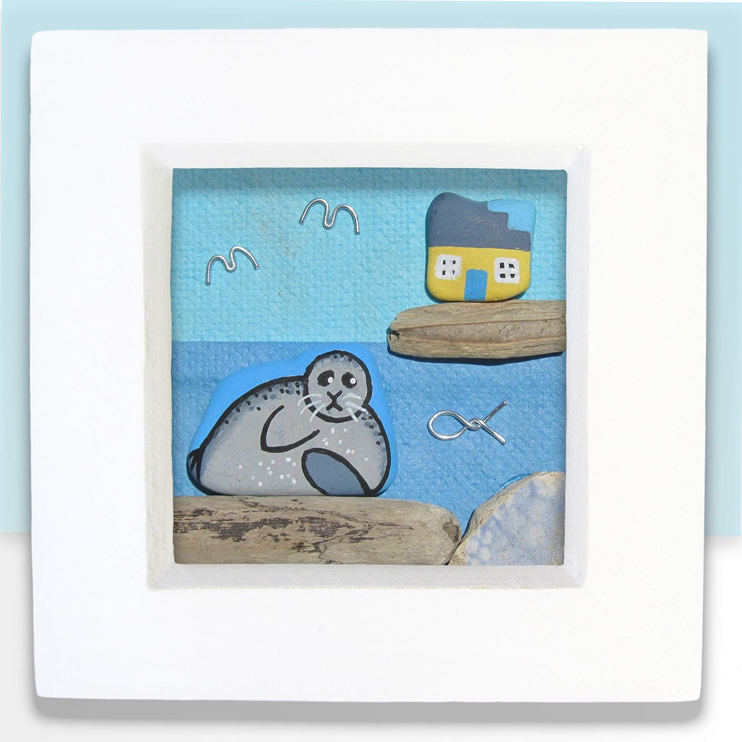 Framed Hand Painted Seal Cottage Pebble Art Picture Handmade