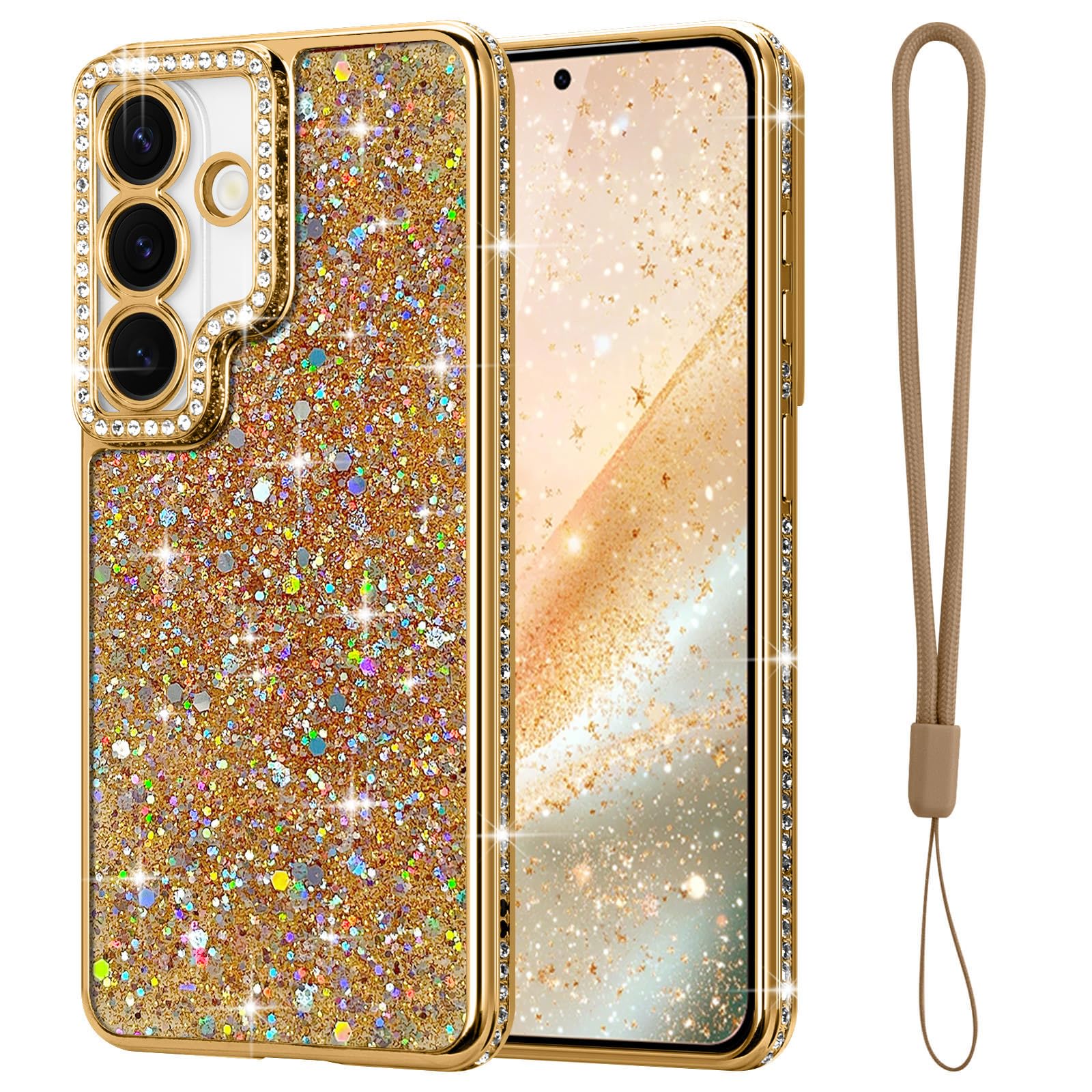 Lafunda for Samsung Galaxy S26 Case Glitter, Luxury Shiny Bling Sparkly Bumper Cover with Strap Crystal Diamonds for Women Girls Soft Shockproof Protective Phone Case for Samsung Galaxy S26, Gold