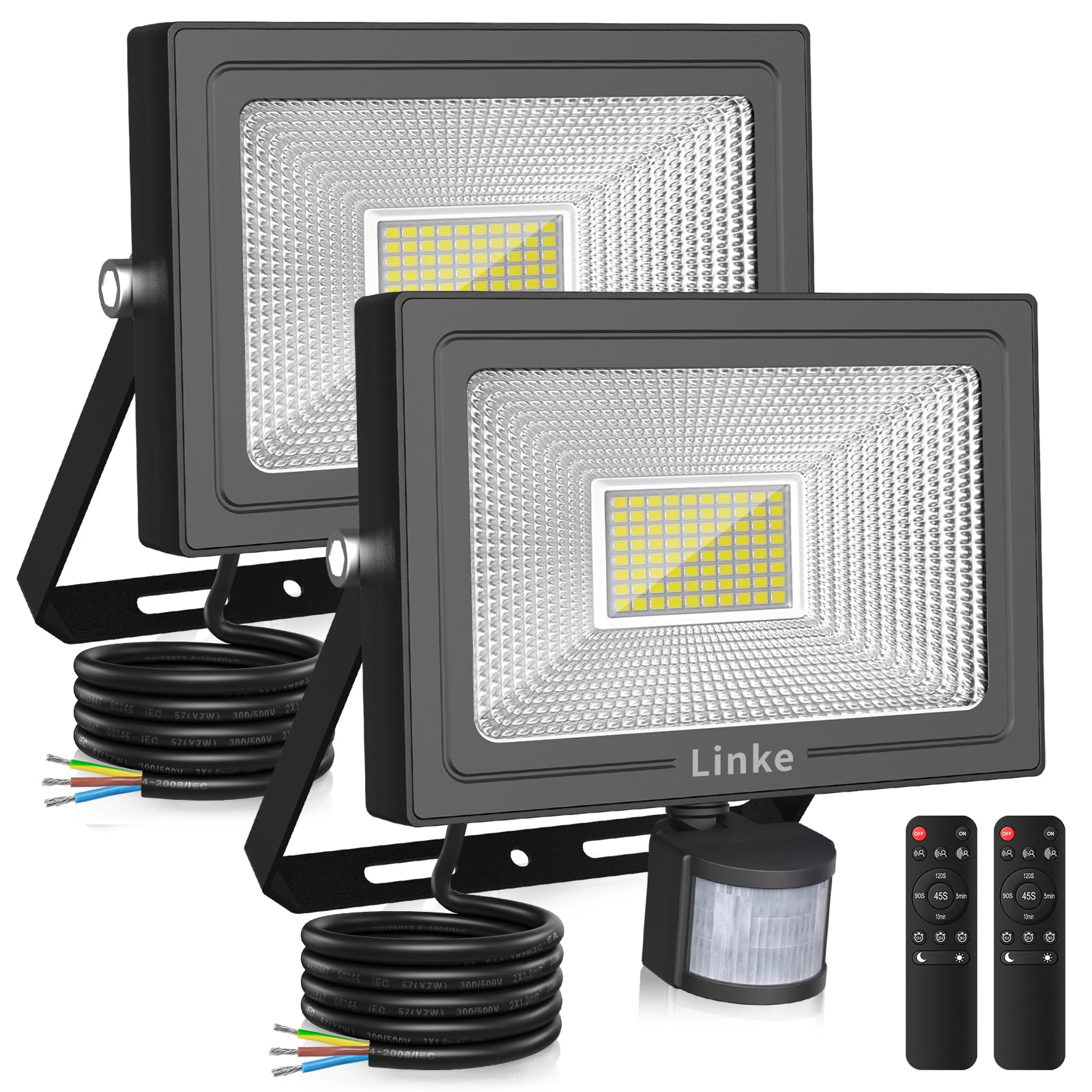 Linke 60W Security Lights Outdoor Motion Sensor, 5200LM PIR LED Floodlights 6500K Daylight White, IP66 Waterproof Outside Light Mains Powered Perfect for Garage Garden Porch Courtyard, 2 Pack