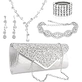 Women Jewelry Set Sparkly Rhinestone Necklace Earrings Bracelets Bling Glitter Clutch Purse Accessories for Women Bride Wedding Bridal Bridesmaid Evening Party Prom