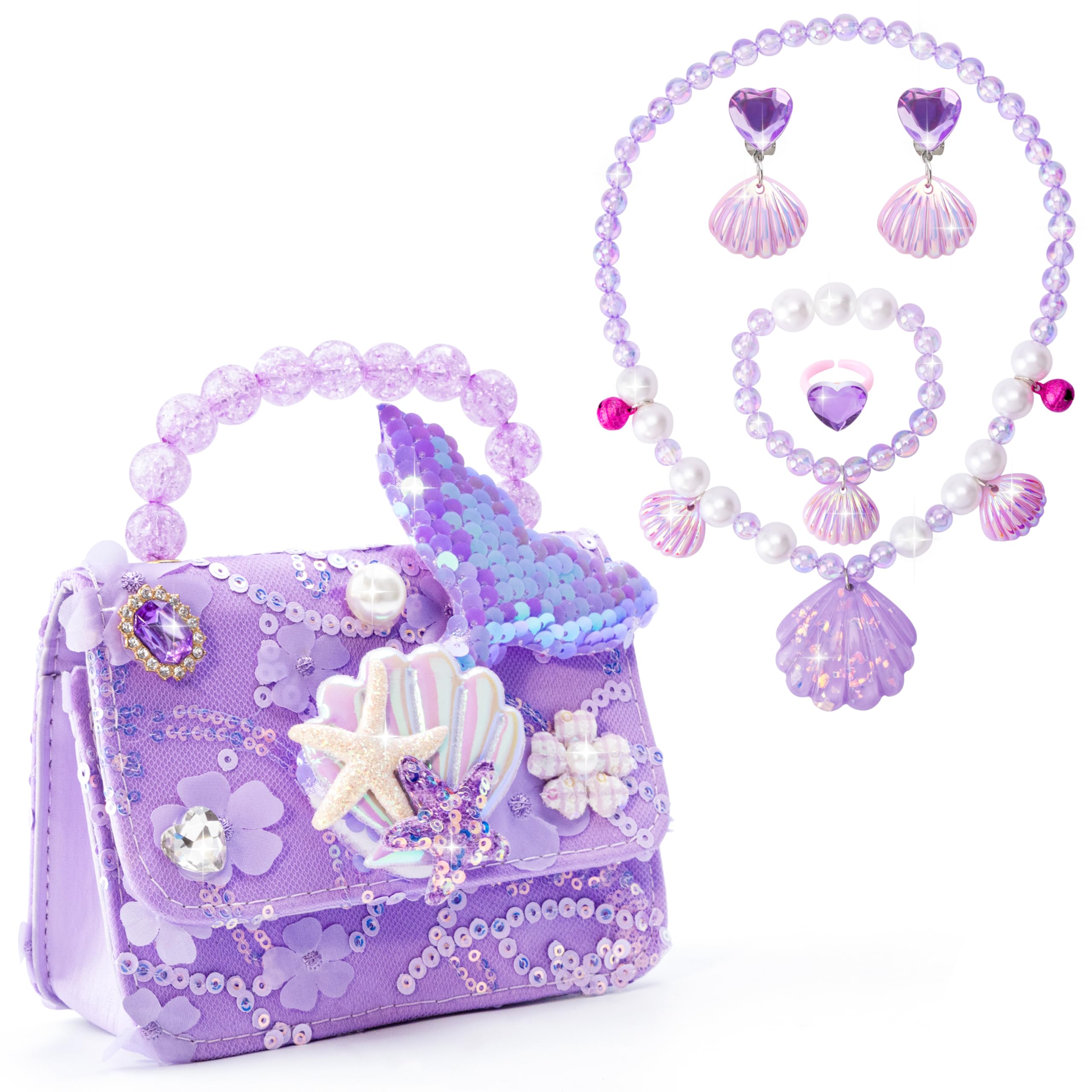 Little Girls Handbag Mermaid Theme Crossbody Bag Purse with Kids Dress Up Jewelry Set Necklace Earring Bracelet Ring Mini Flip Wallet Bag Set Dress Up Party Favors for Little Girls, 3-7 Years Old