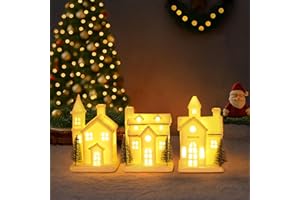 DLFGHOS Ceramic White Christmas Village Houses 3Pcs Light Up Small Porcelain Village House with 4Pcs Christmas Trees LED Lighted Tabletop House Figurines Christmas Decorations for Holiday Winter Home Decor