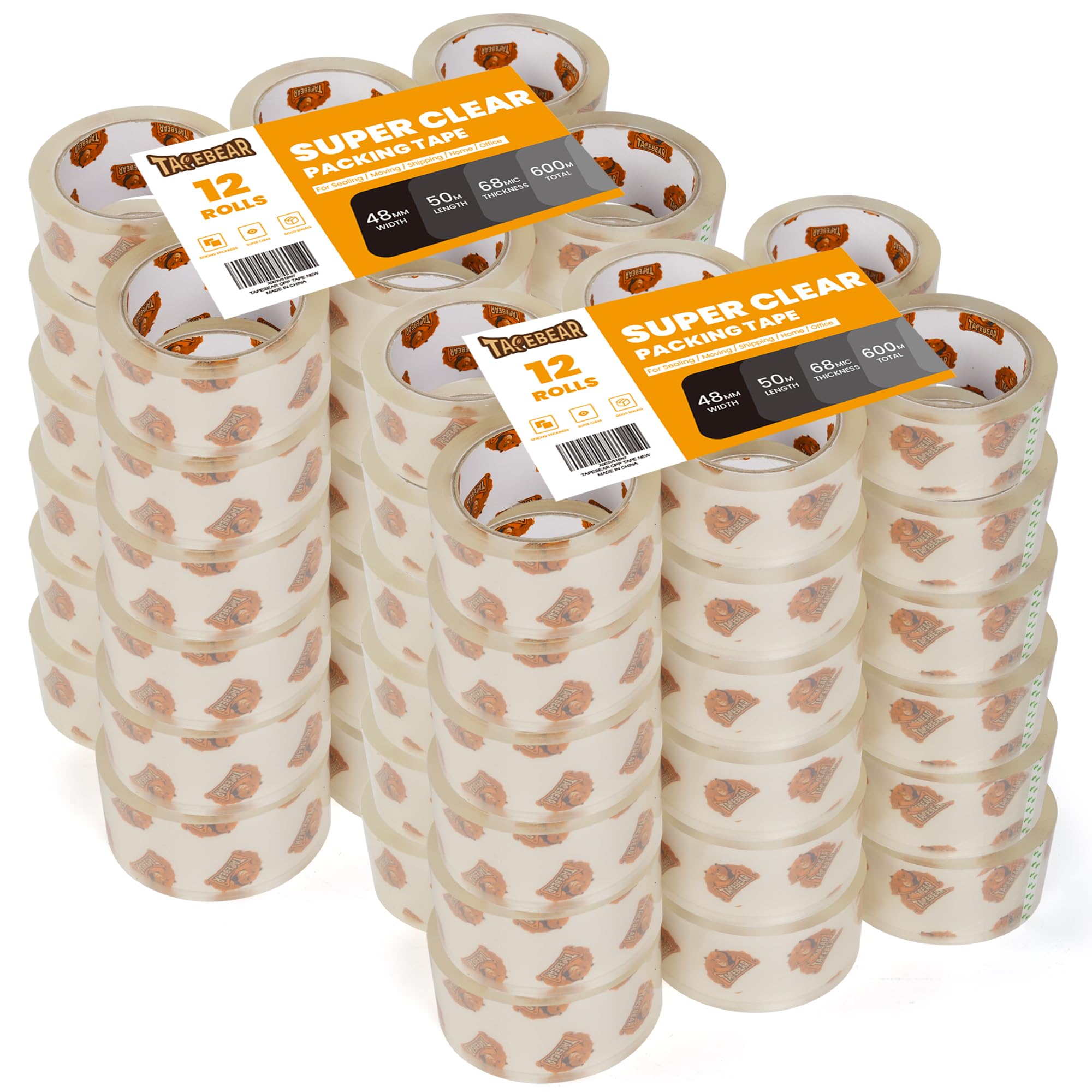TAPEBEAR Packaging Tape, Super Clear Packing Tape Heavy Duty, 2.7mil Thick Transparent Tape, 48mm x 50m Tape Refills for Shipping, Moving, Sealing, 72 Rolls, 3600 Total Meters