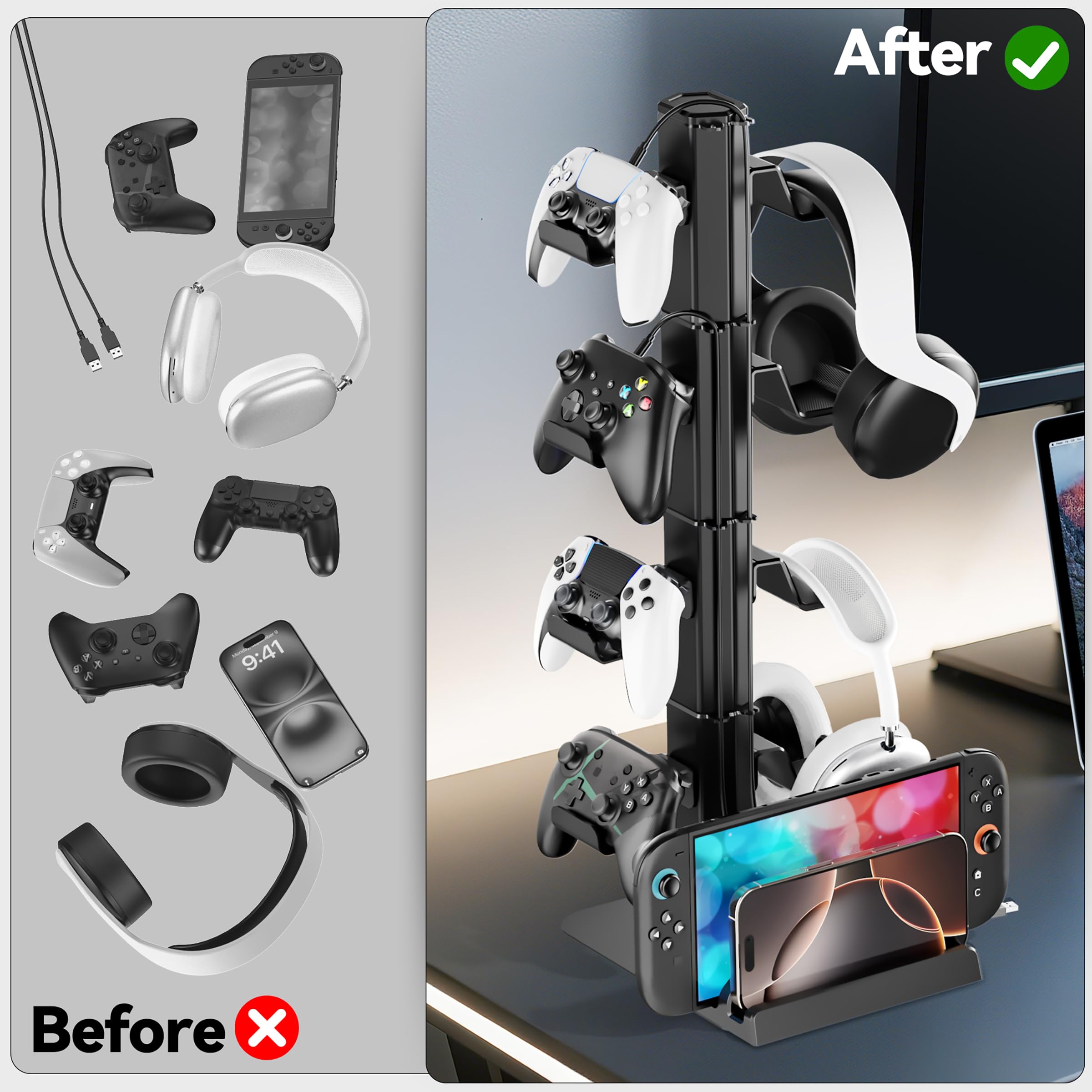 Gaming Deko Headset Halterung & Controller Halter, 4 Ebene Kopfhörer Halter mit Abnehmbarer Haken und Kabel Organisator für Fernbedienungen, Controller Ständer Aufbewahrung für PS5/Xbox/Switch 6