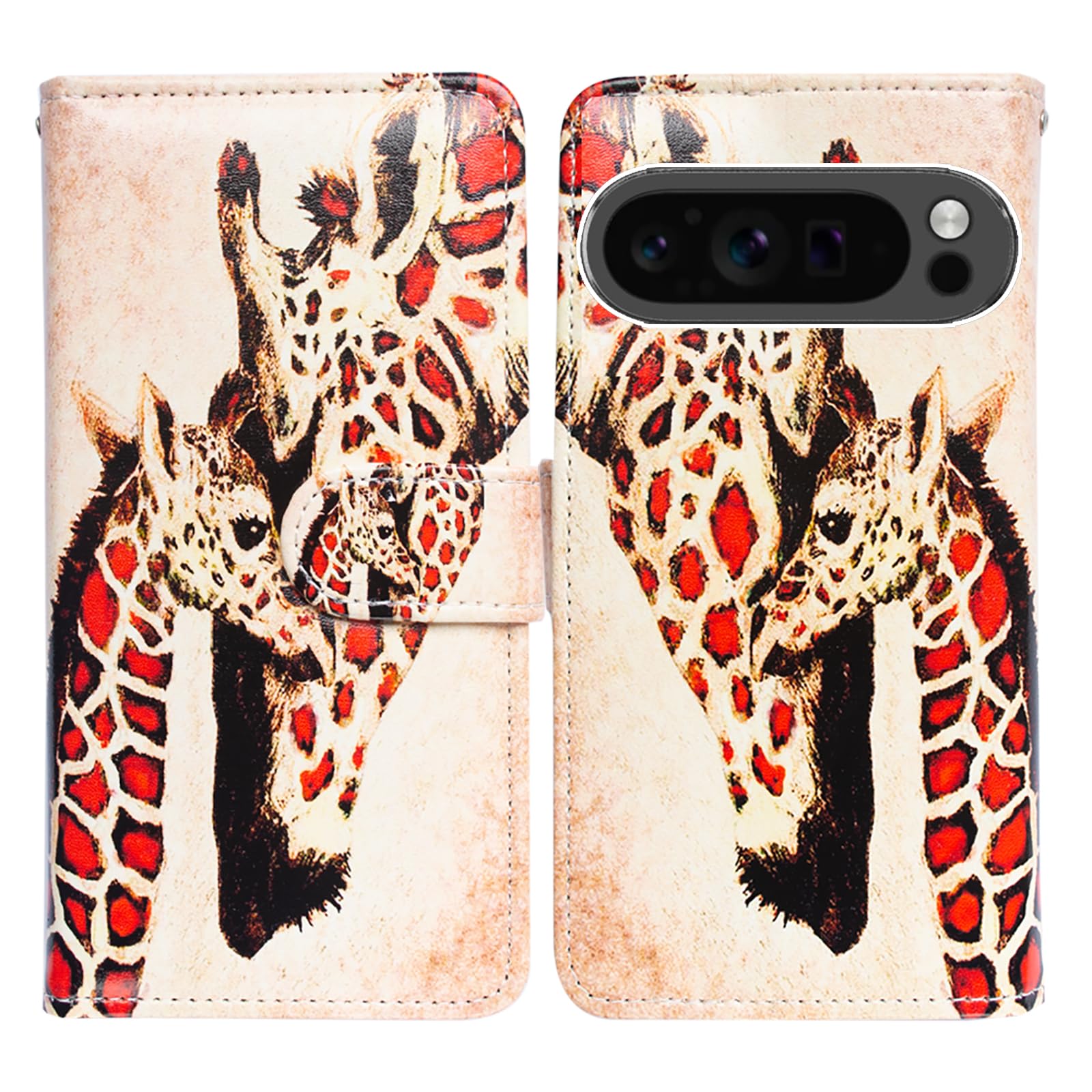 Bcov Case For Pixel 9 Pro,Giraffe Mother Baby Leather Flip Phone Case Wallet Cover with Card Slot Holder Kickstand Case For Google Pixel 9 Pro