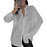 MINTLIMIT Women's Sequin Shirt Open Front Long Sleeve Collared Shirt Loose Blouses Glitter Button Down Shirt Tops