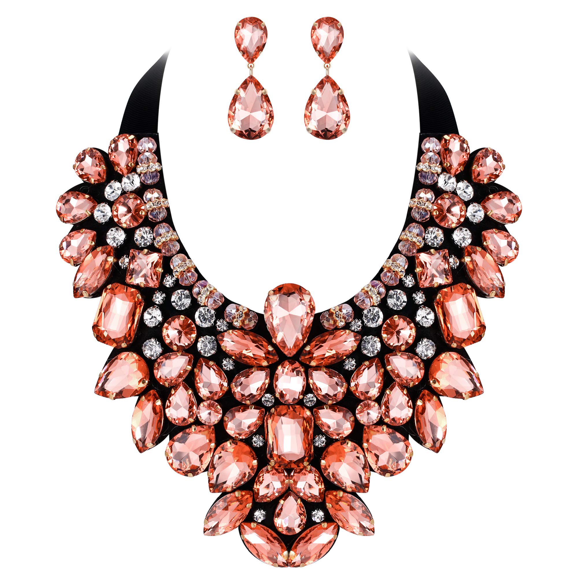 Ever Faith Costume Jewelry for Women, Champagne Color Rhinestone Crystal Chunky Collar Statement Necklace Earrings Set