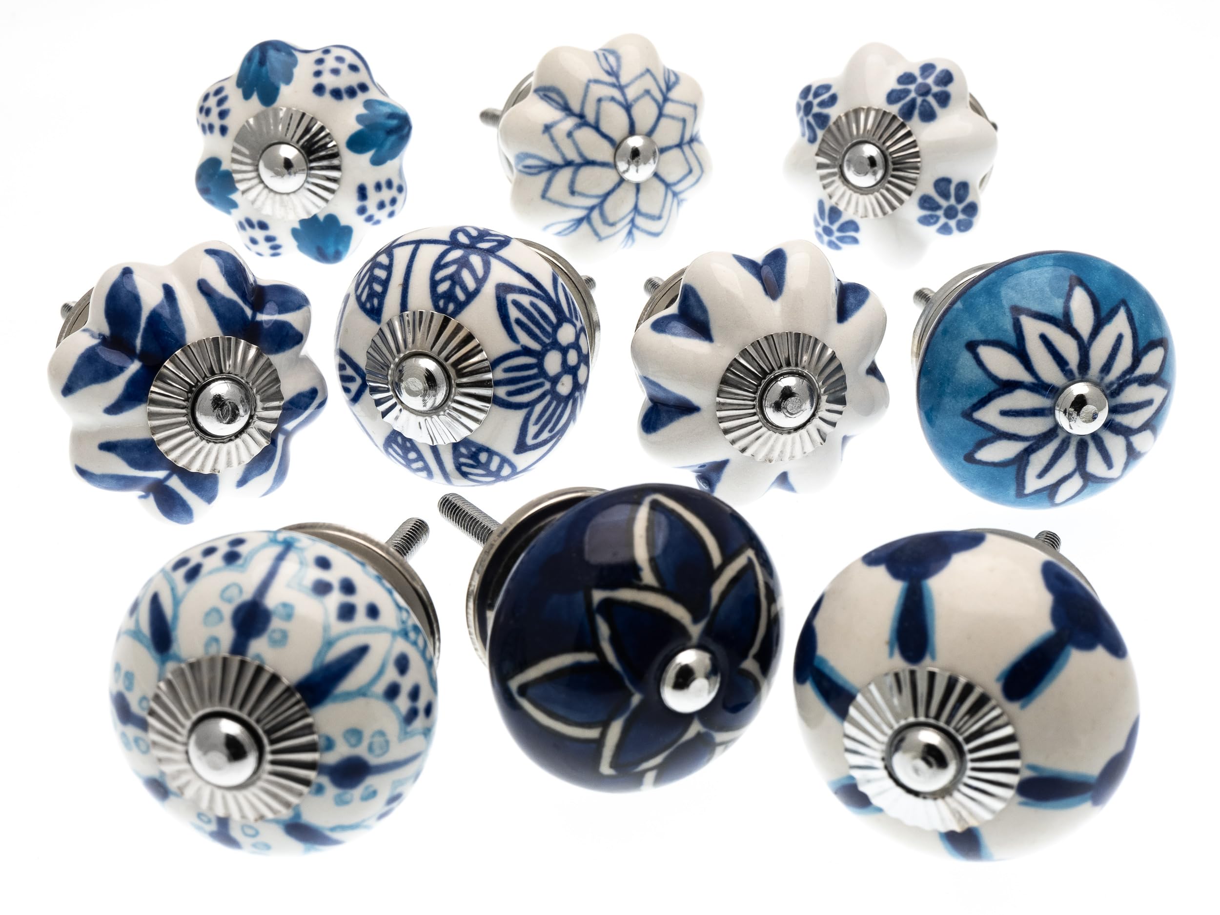Mango Tree Mixed Set of 10 Blue and White Ceramic Door knobs/Cupboard knobs/Drawer knobs (MANGO-203)