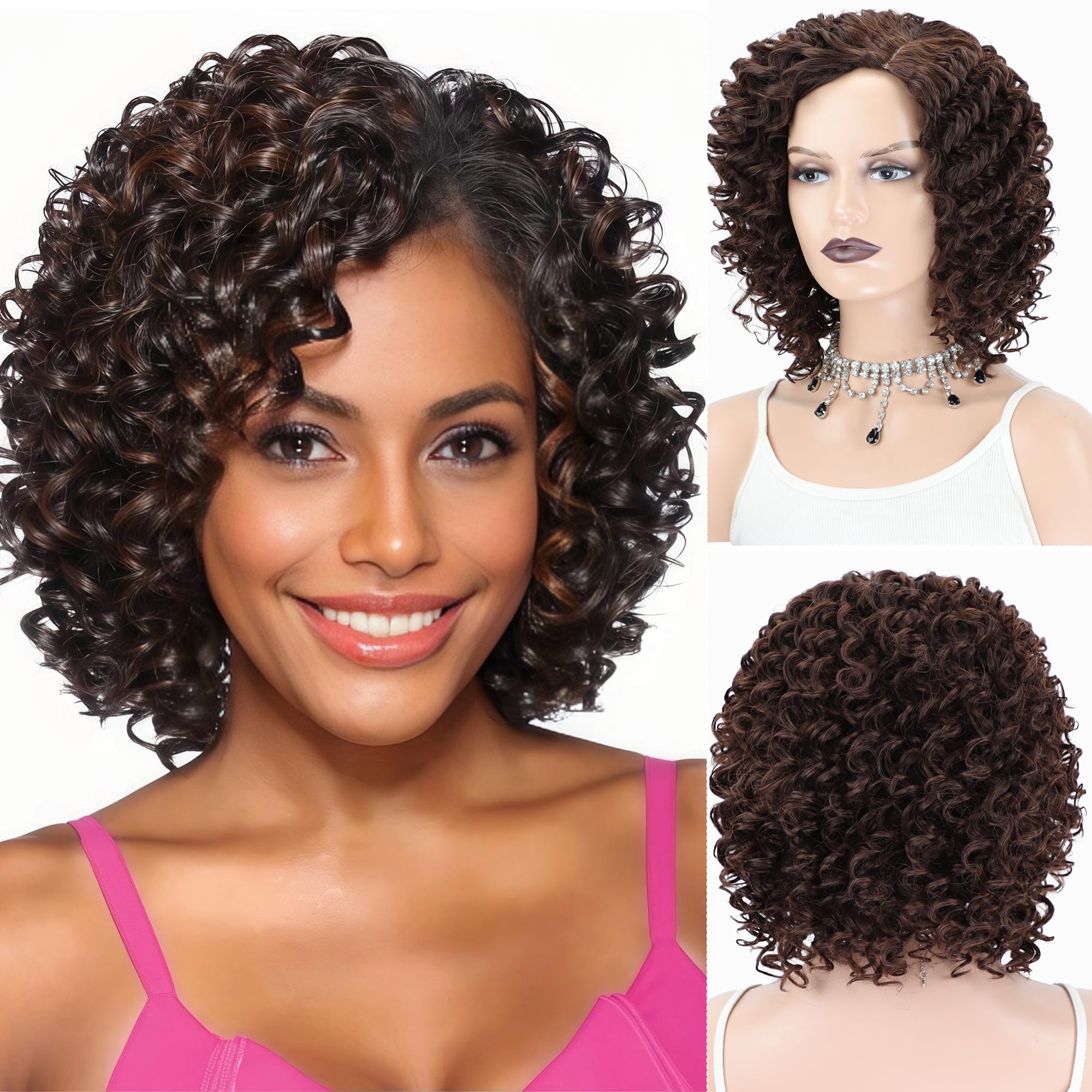 Photo 1 of XIUFAXIRUSI XIUFAXIRUSI Curly Afro Wigs for Black Women Short Synthetic Mixed Brown Curly Wig Natural Soft Heat Resistant Glueless African American Afro Loose Curls wigs