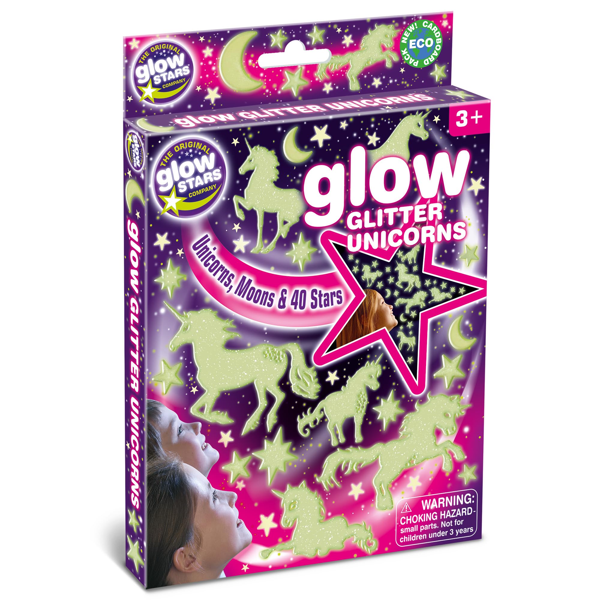 The Original Glow Stars Company Glow In The Dark Glitter Unicorns – 6 Unicorns with 43 Glitter Stars & Moons, Self-Adhesive Room Decor for Kids’ Ceiling & Wall