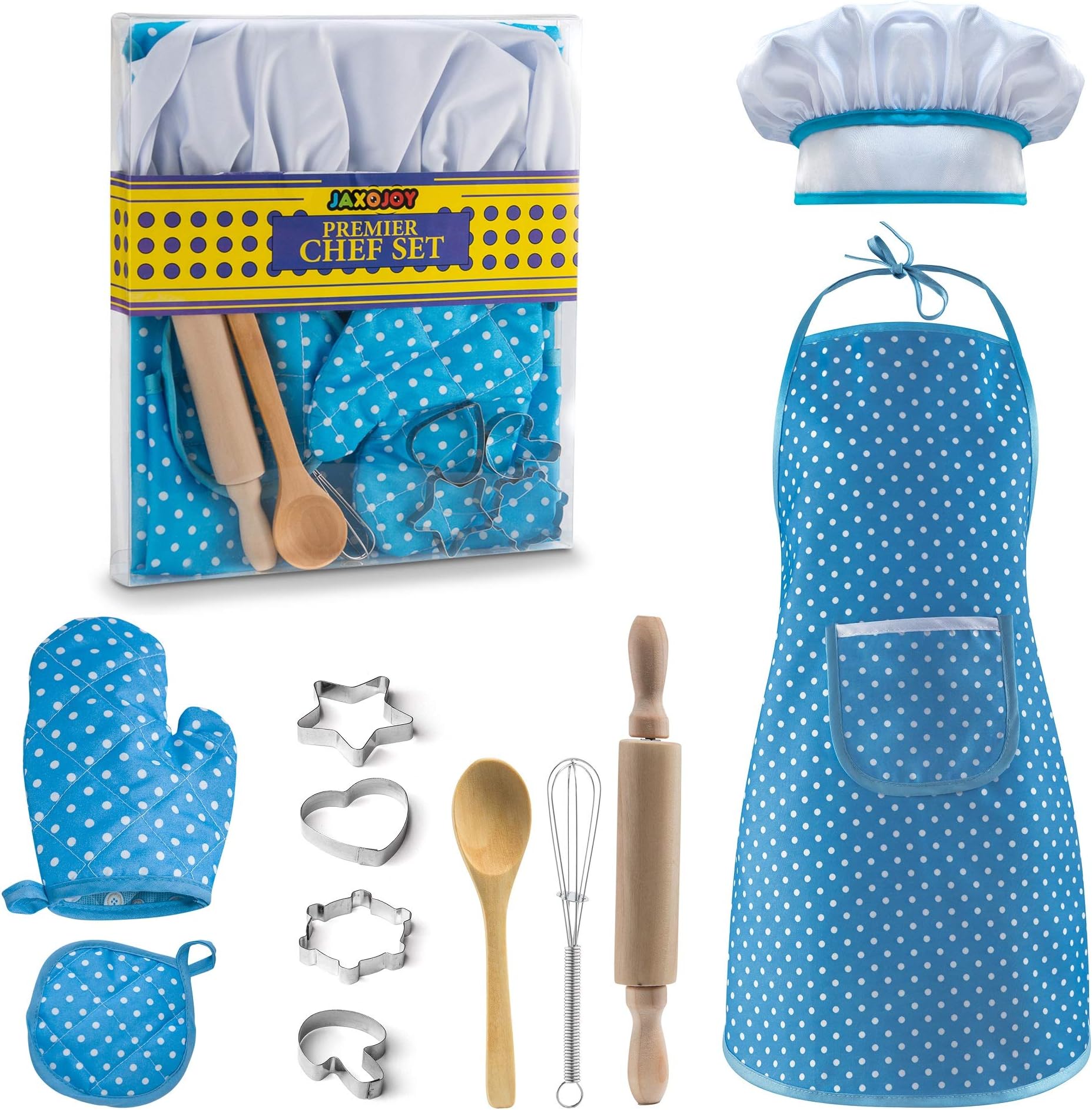 JaxoJoy Complete Kids Cooking and Baking Set - 11 Pcs Includes Apron for Little Boys, Chef Hat, Mitt & Utensil for Toddler Dress Up Chef Costume Career Role Play for 3 Year Old Boys and