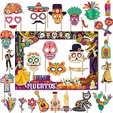 Day of The Dead Photo Booth Props Kit- 30Pcs Día de Los Muertos Party Selfie Props with Photo Booth Frame Cinco de Mayo Sugar Skull Photo Props for Mexican Halloween Party Decoration Supplies