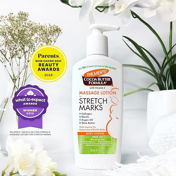 PALMER’S COCOA BUTTER FORMULA MASSAGE LOTION FOR STRETCH MARKS, PREGNANCY SKIN CARE, BELLY CREAM WITH COLLAGEN, ELASTIN, ARGAN OIL AND SHEA BUTTER, 8.5 OUNCES
