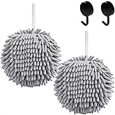 Frbryak 2 Pcs Fuzzy Ball Hand Towels, Microfiber Hand Towels for Bathroom with Hanging Loop, Soft Fast Drying Decorative Chenille Hand Bath Towels with 2 Hooks (2 Grey)