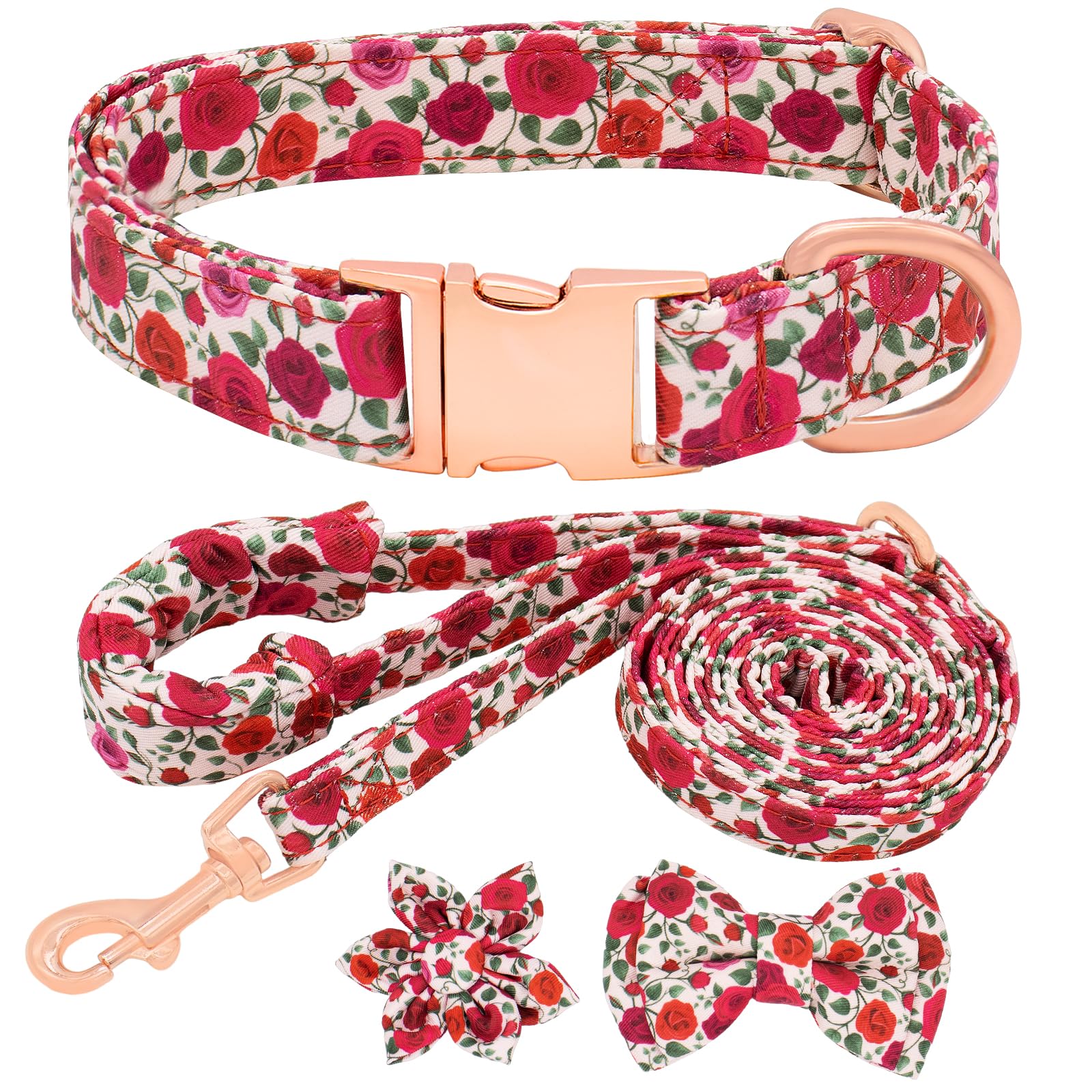 Girl Dog Collar and Lead Set with Bow Tie, Adjustable Soft Padded Pet Collar with Detachable Flower and Dog Tag Strong Gold Buckle for Small Medium Large Dogs XS, Red rose — image 1