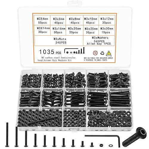 QOOSIKICC 1035 Pcs M3 Screw Assortment, M3 Bolts And Nuts Kit, Hex Socket Button Head Cap Screws And Nuts And Washers Set Metric Machine Screw Assortment Kit 10 9 Carbon Steel Assorted Screws Nuts