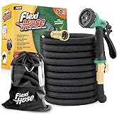 Flexi Hose Plus Expandable Garden Hose with 8 Function Nozzle, 50FT - Lightweight Retractable Garden Hose, Water Hose - No-Kink Flexibility, 3/4 Inch Solid Brass Fittings Includes Hook & Bag