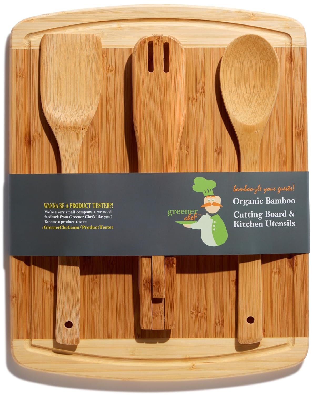 Bamboo Cutting Board Housewarming Gift Set With Bonus 3Piece Cooking