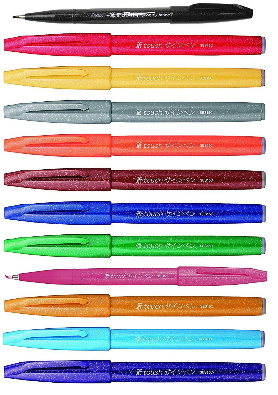 Pentel SES15C Brush Sign Pen Flexible Fiber Tip Marker Pen for Lettering, Calligraphy, Illustration, 12 Colours