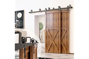 Homacer Sliding Barn Door Hardware Bypass Double Door Kit, 20FT Flat Track U-Shape Bracket Arrow Design Roller, Black Rustic 