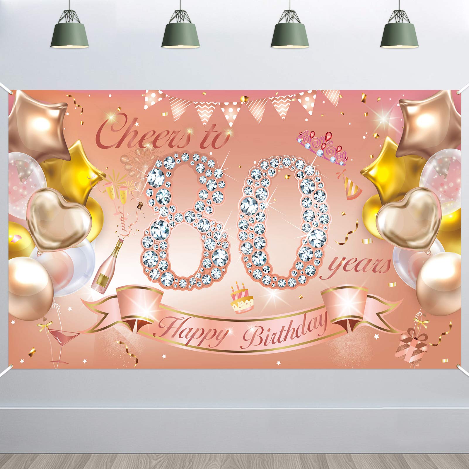 HOWAF Woman 80th Birthday Party Decoration Rose Gold, Fabric Backdrop Banner for Woman 80th Birthday Outdoor Garden Table Wall Decoration Supplies