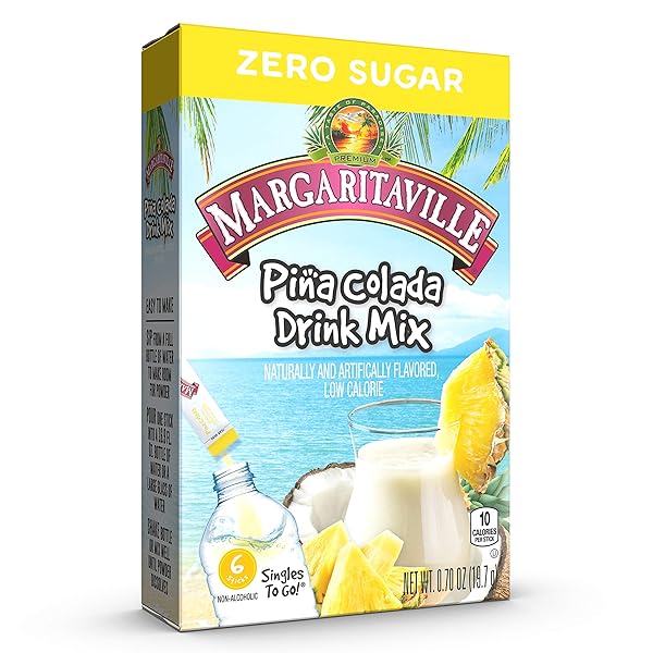 MARGARITAVILLE, SINGLES TO GO WATER DRINK MIX FLAVORED NONALCOHOLIC POWDER STICKS 6 COUNT, PINA COLADA, 4.14 OUNCE
